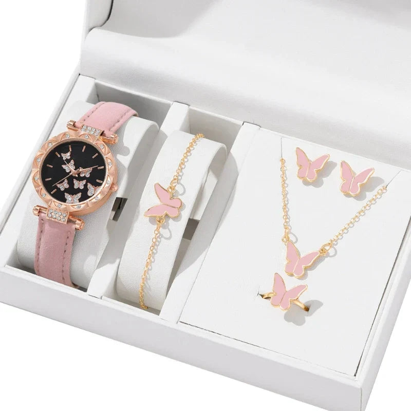 NNEOBA Butterfly Jewelry Set Watch Necklace Earrings Bracelet (Pink)