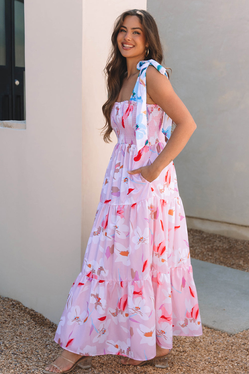 Flora Floral Knotted Shoulder Smocked Maxi Dress