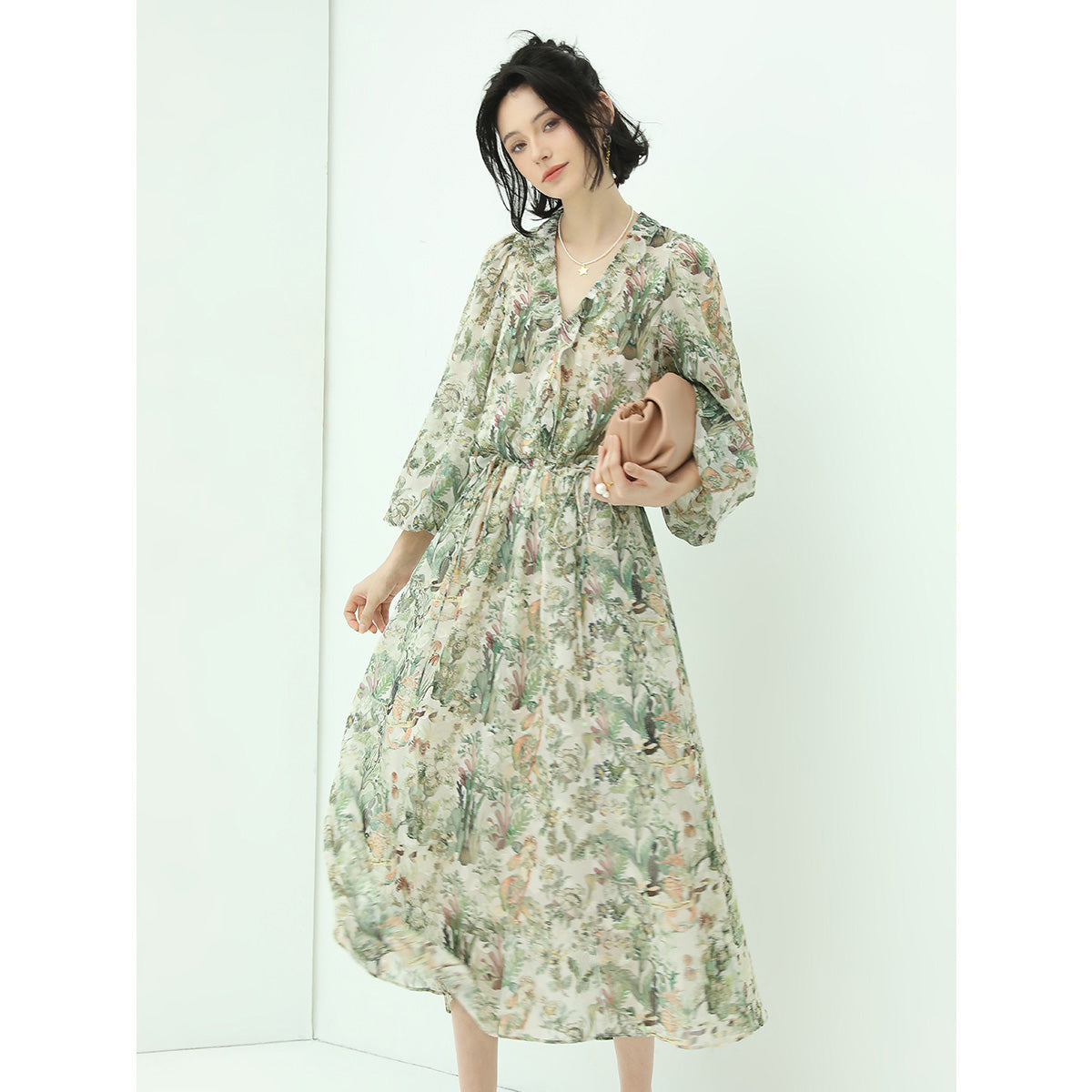 Romantic Floral Long Sleeved Floral Green Midi Dress